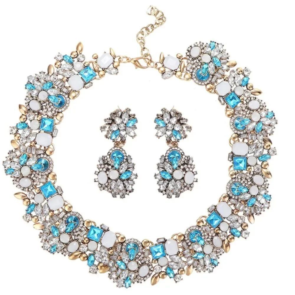 Yellow Gold with Blue Sapphire Austrian Crystal Chunky Necklace and Earrings